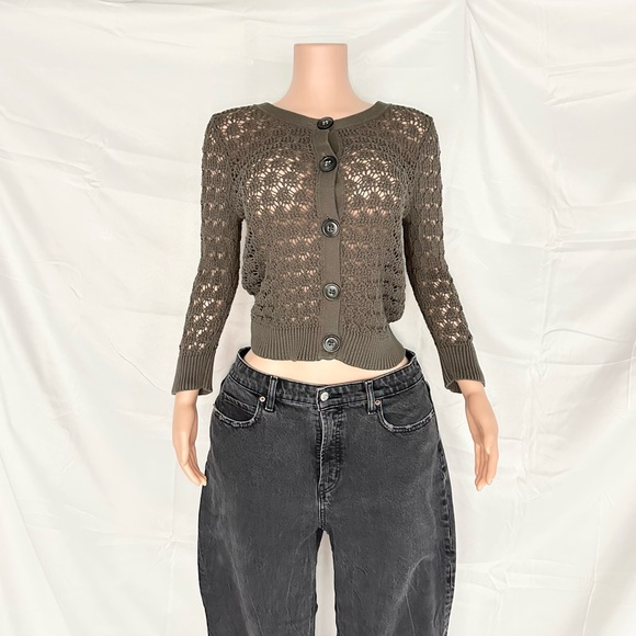 OLD NAVY dark olive green button up front crochet cardigan - Picture 1 of 5